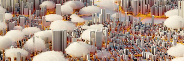 Scattered clouds on the mega city; urban and futuristic technology concepts, original 3d rendering