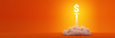 Dolar sembolü roket fırlatma ve patlaması, iş ve teknoloji kavramları, orijinal 3D canlandırma