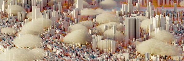 特大城市上散落的云彩 城市和未来技术概念 最初的3D渲染 — 图库照片