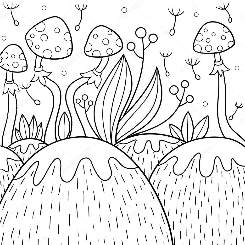 An abstract nature landscape illustration for relaxing activity for adults.Line art style image for print.
