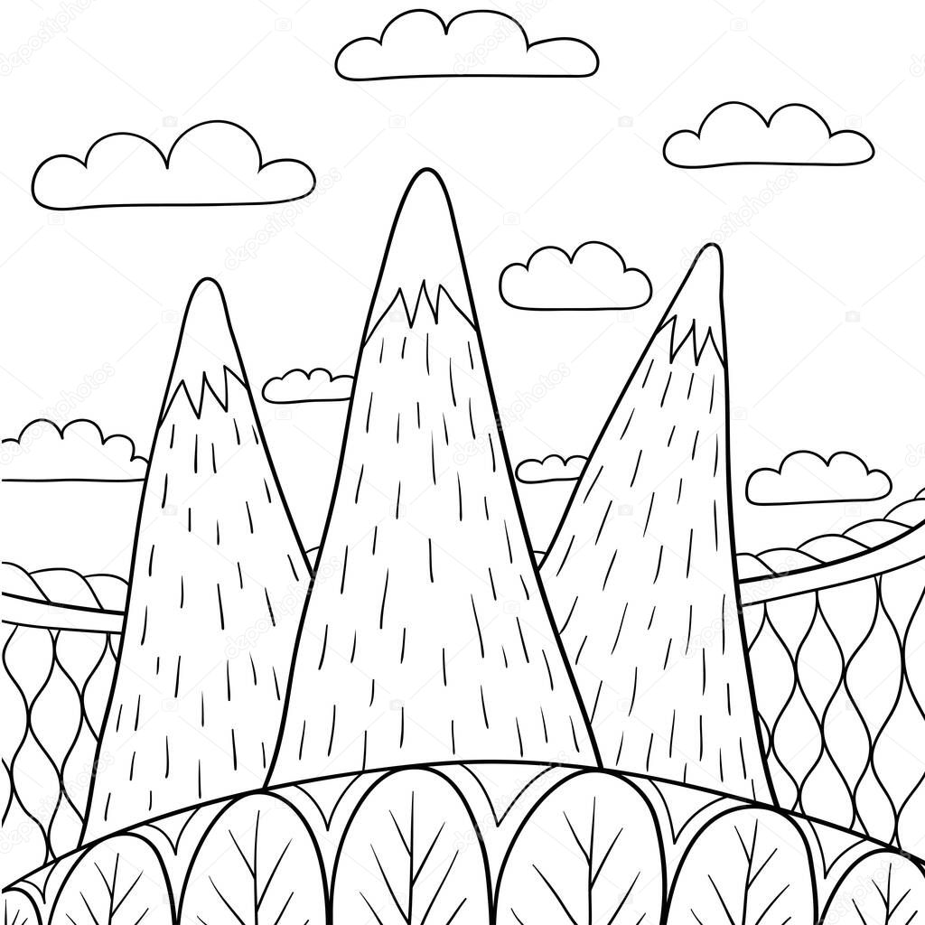 An abstract nature landscape illustration for relaxing activity for adults.Line art style image for print.