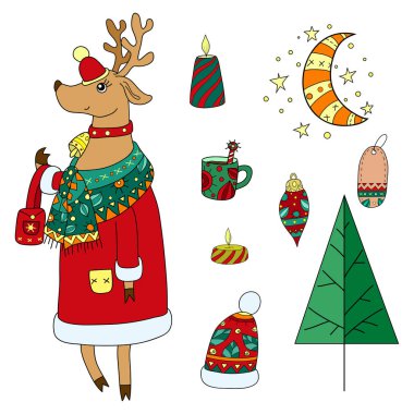 Tasarım için bir dizi Noel simgesi, bir geyik, mumlar, bir fincan çay, oyuncak, etiket, grafik tasarım için ay ve yıldız resmi.