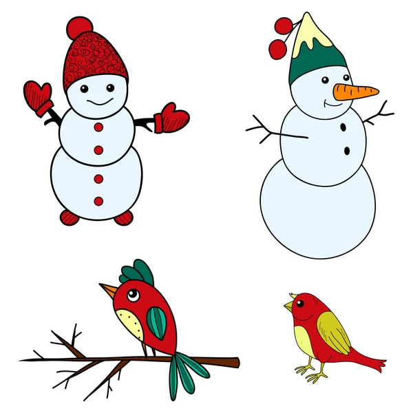 Set Christmas Icons Design Snowmen Birds Image Print — Stock Vector