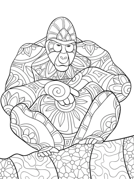 一只可爱的猴子 到处都是装饰图案 用来放松身心 Zen艺术风格的印刷品插图 — 图库矢量图片#