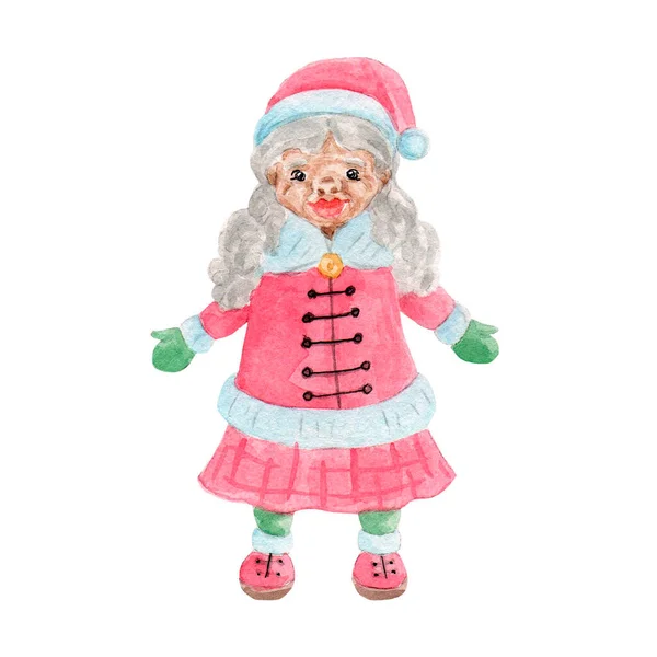 Cute Cartoon Watercolor Clipart Mrs Santa Claus Design — Stock Photo, Image