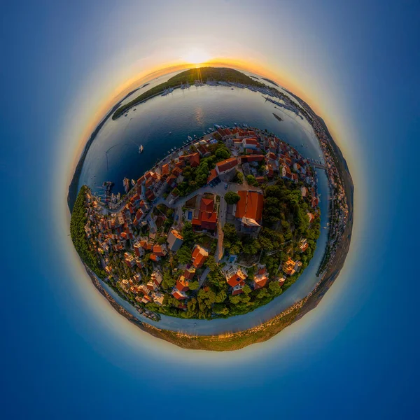 Panorama miniplanet sunset on Rogoznica Croatia. High quality photo