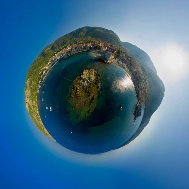 Panorama miniplanet sunny sumer day on Vis-Komiza island Croatia. High quality photo