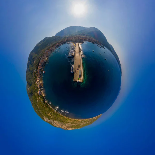 Panorama miniplanet sunny sumer day on Vis-Komiza island Croatia. High quality photo