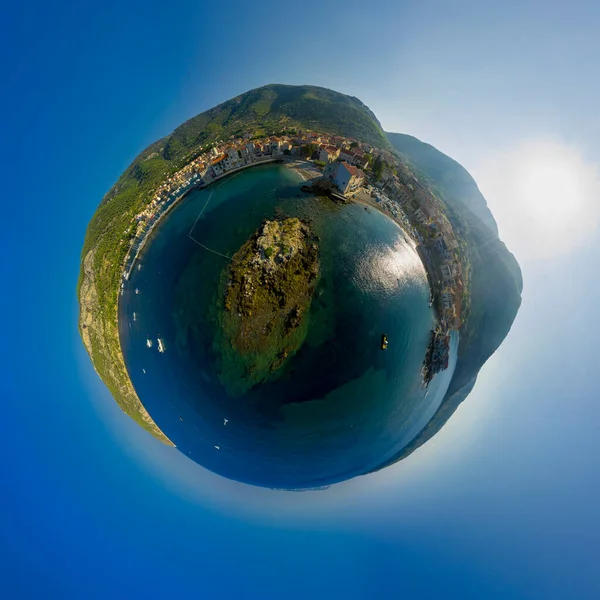 Panorama miniplanet sunny sumer day on Vis-Komiza island Croatia. High quality photo