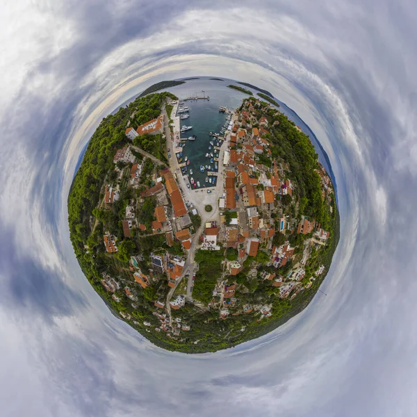Panorama miniplanet cloudly summer day on Maslinica Croatia. High quality photo