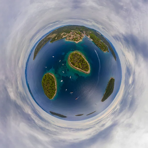 Panorama miniplanet cloudly summer day on Maslinica Croatia. High quality photo