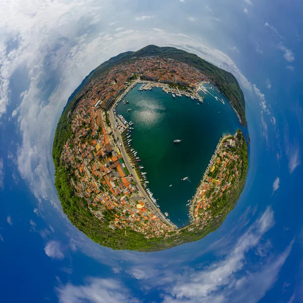Panorama miniplanet sunny sumer day on Korchula Vela Luka Croatia. High quality photo