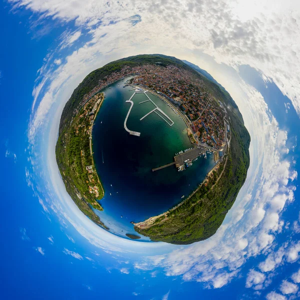 Panorama miniplanet sunny sumer day on Korchula Vela Luka Croatia. High quality photo