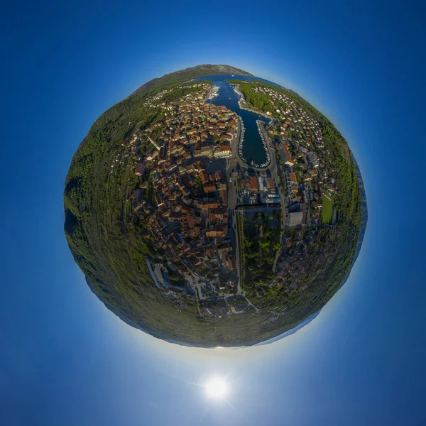 Panorama miniplanet sunny sumer day on Hvar island Stari Grad Croatia. High quality photo