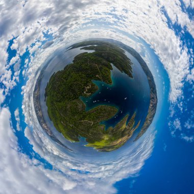 Panorama miniplanet sunny sumer day on Hvar island Stari Grad Croatia. High quality photo