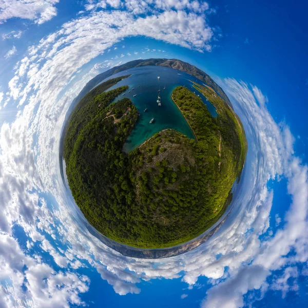 Panorama miniplanet sunny sumer day on Hvar island Stari Grad Croatia. High quality photo