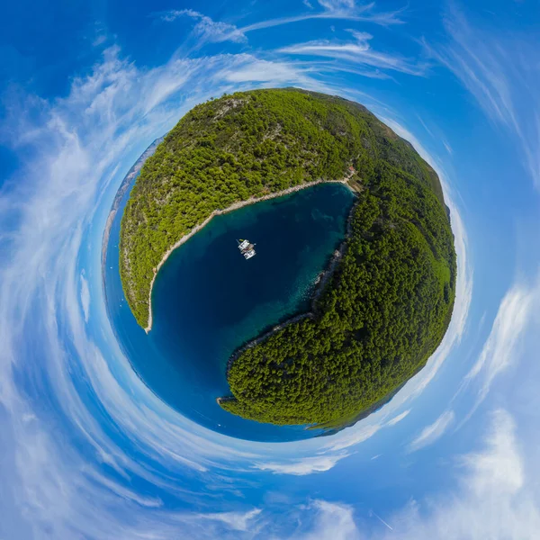 Panorama miniplanet sunny sumer day on Hvar island Stari Grad Croatia. High quality photo