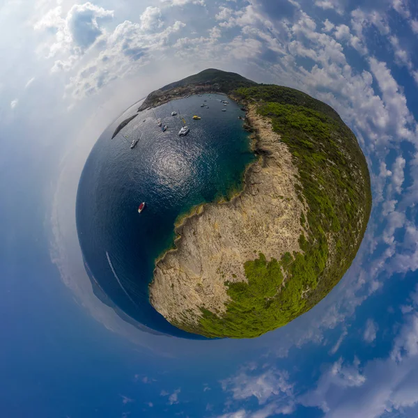 Panorama miniplanet sunny sumer day on Bishevo island Croatia. High quality photo