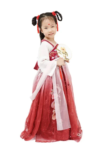 Retrato Corpo Inteiro Criança Bonito Menina Vestindo Vestido Chinês Tradicional — Fotografia de Stock