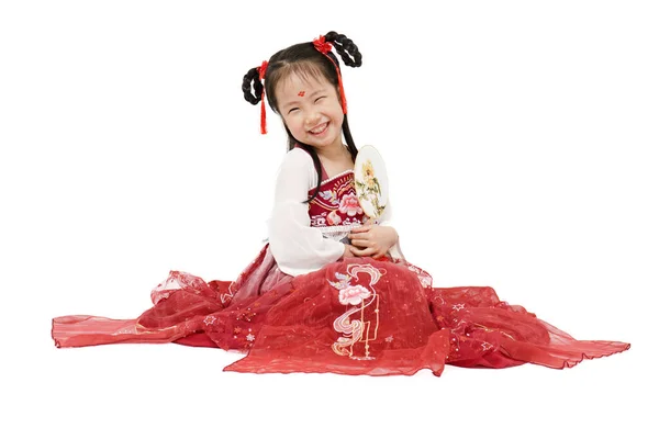 Retrato Menina Bonito Garoto Sentado Chão Vestindo Vestido Chinês Tradicional — Fotografia de Stock