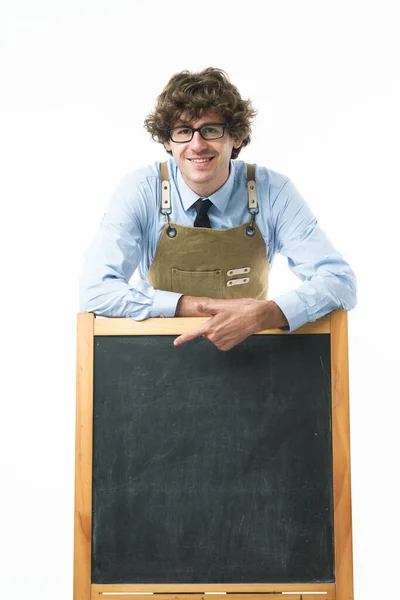 Caucasian Man Wearing Apron Stand Blackboard Point Finger Board Smiling — Stock Photo, Image