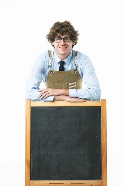 Caucasian Man Wearing Apron Stand Blackboard Smiling Image Isolated White — Stock Photo, Image