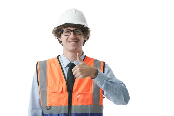 Ung Kaukasisk Civilingenjör Byggnadsarbetare Bär Hatt Och Säkerhet Uniform Ler — Stockfoto