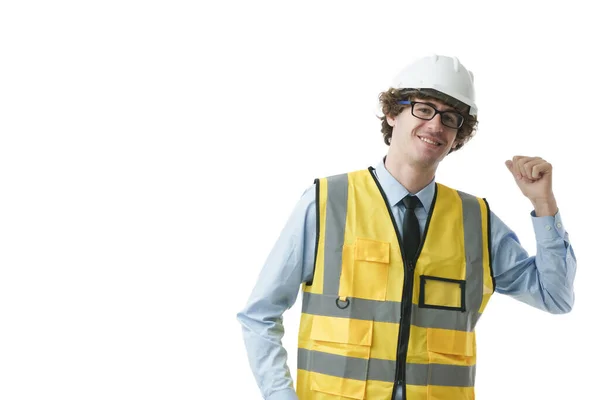 Caucasian Engineer Wearing Safety Uniform Hardhat Looking Camera Raised His — Stock Photo, Image