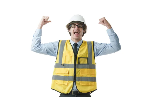 Feliz Expresión Ingeniero Caucásico Con Uniforme Seguridad Con Sombrero Duro —  Fotos de Stock