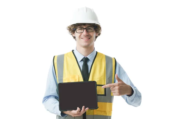 Retrato Homem Engenheiro Caucasiano Usando Dedo Indicador Uniforme Segurança Comprimido — Fotografia de Stock