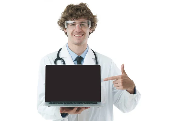 Portrait Caucasian Young Man Doctor Wearing Eye Glasses Protection Gown — Stock Photo, Image