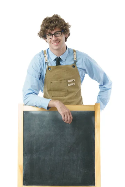 Blanke Relaxte Man Met Schort Achter Schoolbord Lachend Beeld Geïsoleerde — Stockfoto