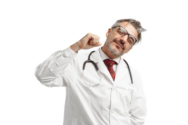 Bělošský Starší Lékař Obleku Stetoskopem Výraz Štěstí — Stock fotografie