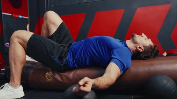 Exhausted Man Lay Floor Get Hard Training Gym — 图库视频影像