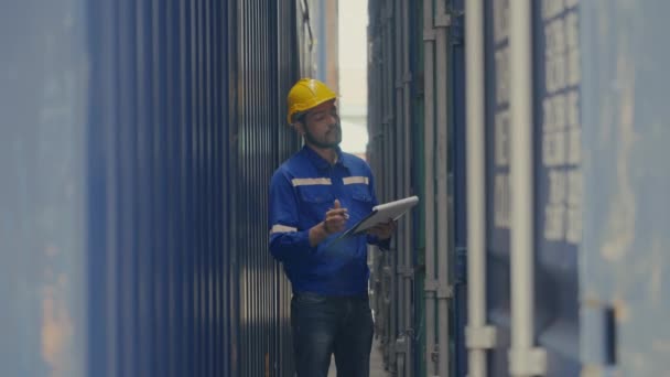 Medium Full Shot Asian Man Industrial Shipping Worker Checking Container — Vídeo de stock