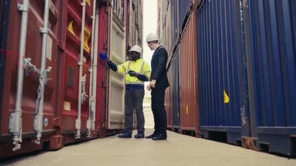 Foreman Inspector Checking Container Box Quality Control Logistic Export Import — Vídeo de stock