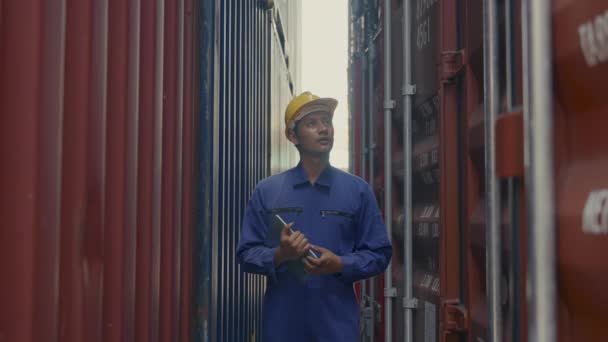 Full Shot Asian Man Maintenance Shipping Worker Walking Camera Smile – stockvideo