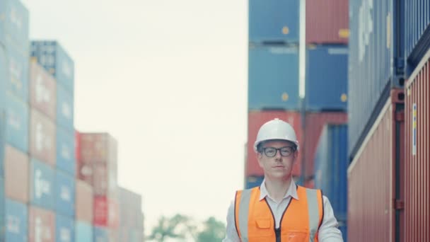Medium Shot Smart Handsome Caucasian Industrial Shipping Worker Walking Camera — Vídeo de Stock