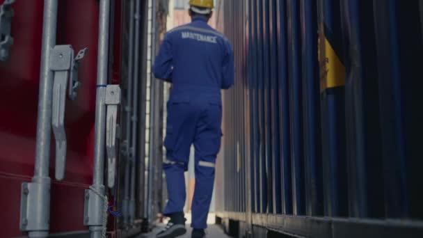 Full Shot Asian Man Maintenance Shipping Worker Walking Camera Checking — Stock Video