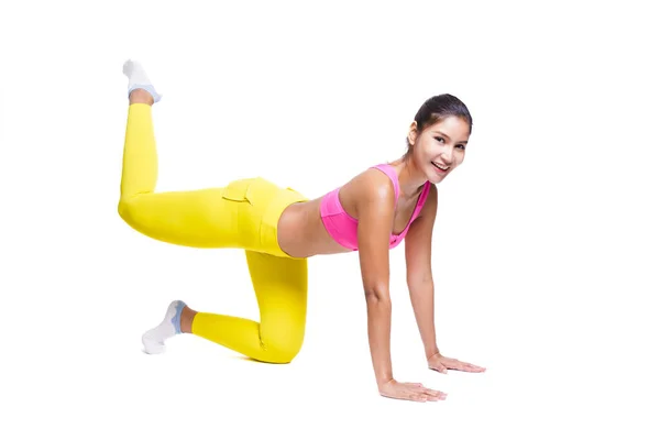 Asian Sporty Woman Posing Straight Leg Donkey Kick Pushing Right — Stock Photo, Image