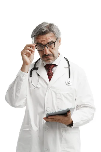 Portrait Confident Caucasian Medicare Man Gown Suit Uniform Stethoscope Tablet — Stock Photo, Image