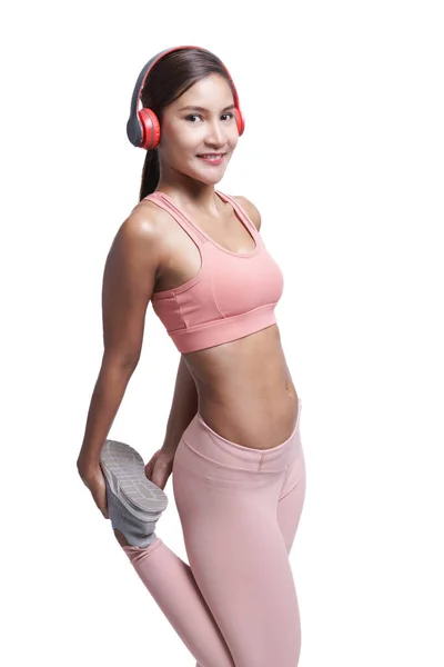 Retrato Felicidad Mujer Deportiva Asiática Estirando Pierna Con Confianza Sonrisa — Foto de Stock