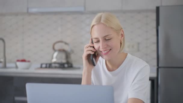 Young Smiling Cheerful Blonde Woman Finishes Phone Call Says Good — Stock video