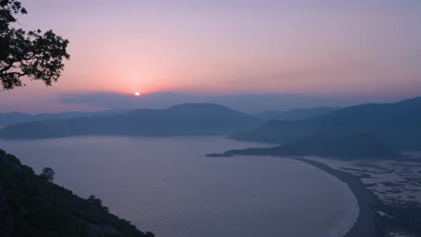 Aerial View Spectacular Scenery Mountains Hills Silhouettes Surrounding Calm Sea — Stockvideo