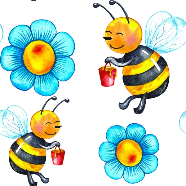 Квітка ромашки безшовний візерунок, мультяшні літаючі бджоли з медом на білому тлі . Стокове Зображення
