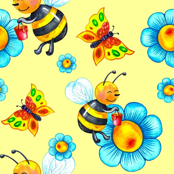 Квітка ромашки безшовний візерунок, мультяшні літаючі бджоли та метелики з медом на жовтому тлі . Ліцензійні Стокові Зображення