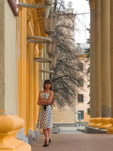 Une Femme Brune Robe Été Pois Pose Dans Colonnade Vieux — Photo