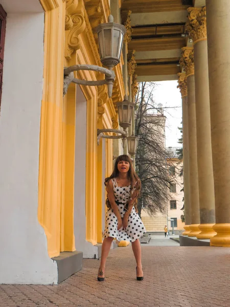 Une Femme Brune Robe Été Pois Pose Dans Colonnade Vieux — Photo