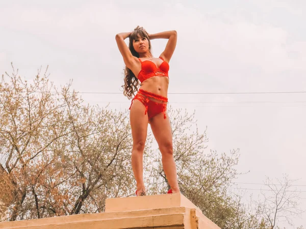 Σέξι Μελαχρινή Χορεύτρια Κόκκινα Δαντελωτά Εσώρουχα Εκτελεί Στριπτίζ Τσιμεντένια Κολόνα — Φωτογραφία Αρχείου