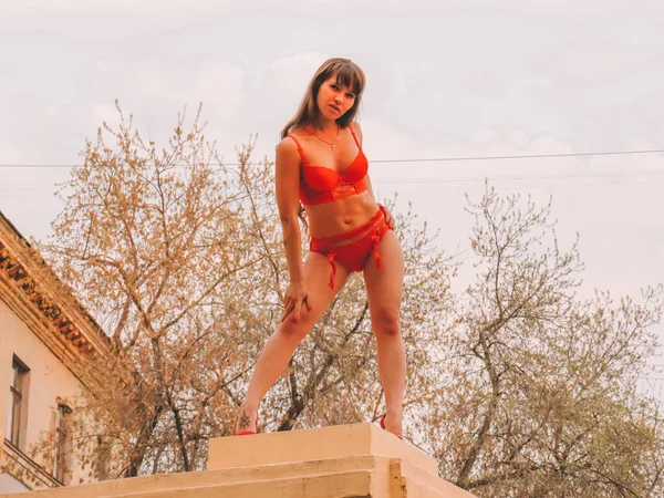 Sexy Ciemnowłosa Tancerka Czerwonej Koronkowej Bieliźnie Wykonuje Striptiz Betonowym Filarze — Zdjęcie stockowe